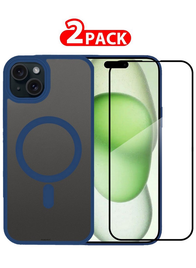 CATANES 2 Pieces Magnetic Slim Protective Case for iPhone 15 - with Wireless Charging Support with 3D Screen Protector - Blue - Image 1