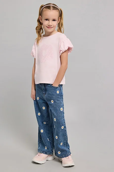أر أند بي Embroidered Top with Crew Neck and Puff Sleeves