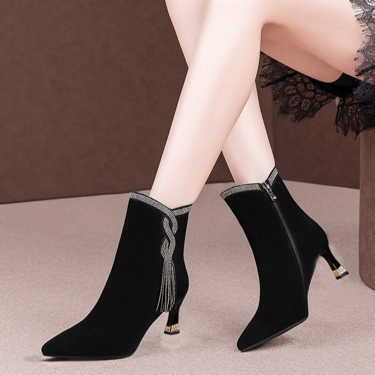 Short Boots Female Rhinestone Boots Female Height Fashion Comfortable Fleece-Lined Warm - Image 3