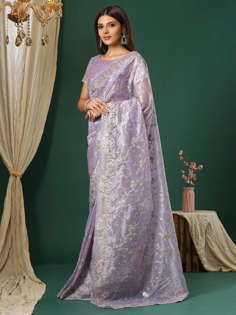 SAREE MALL Women's Lavendar Organza Embroidered Saree With Unstitched Blouse (KRIYNS2001_KH) - Image 4