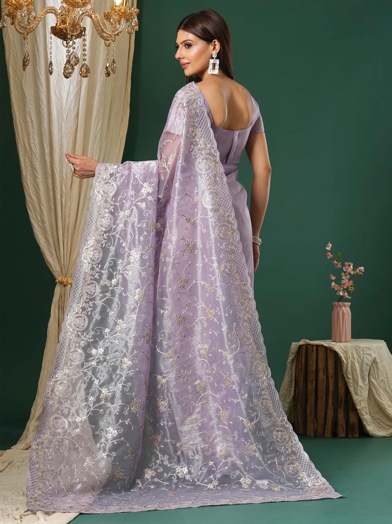 SAREE MALL Women's Lavendar Organza Embroidered Saree With Unstitched Blouse (KRIYNS2001_KH) - Image 2