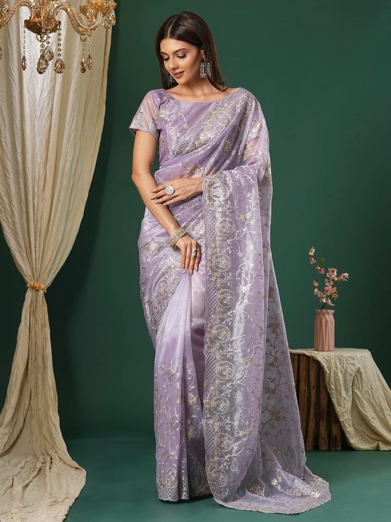 SAREE MALL Women's Lavendar Organza Embroidered Saree With Unstitched Blouse (KRIYNS2001_KH) - Image 3