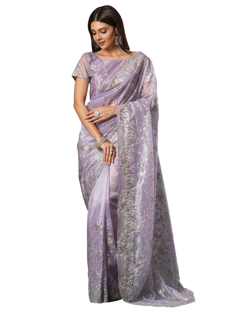 SAREE MALL Women's Lavendar Organza Embroidered Saree With Unstitched Blouse (KRIYNS2001_KH) - Image 1