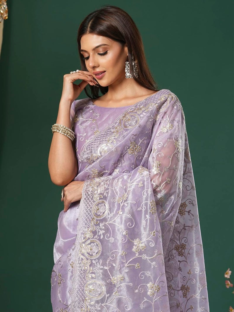 SAREE MALL Women's Lavendar Organza Embroidered Saree With Unstitched Blouse (KRIYNS2001_KH) - Image 5