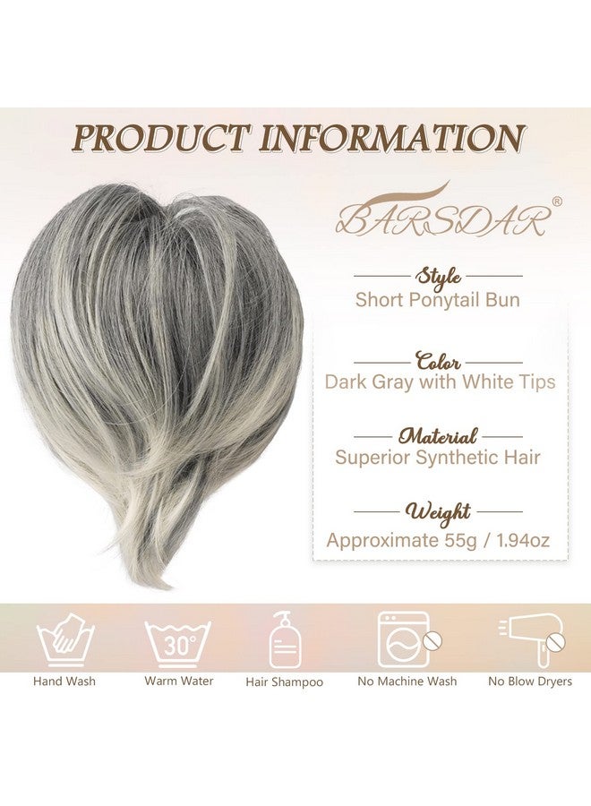 بارسدار كعكة شعر على شكل ذيل حصان، قطعة شعر صناعية مستقيمة، وصلات كعكة ذيل حصان قصيرة بالكامل، كعكة شعر رمادية مرنة للنساء والفتيات (رمادي داكن مع أطراف بيضاء) - Image 4