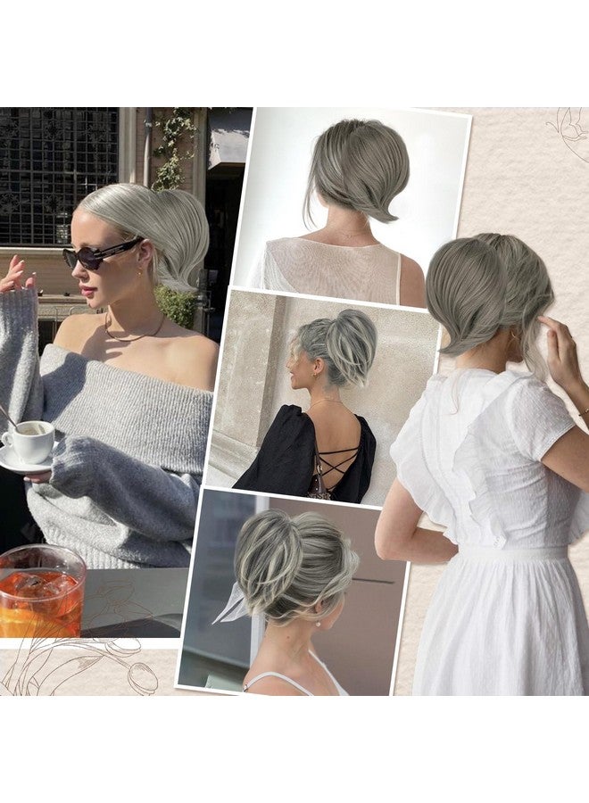 بارسدار كعكة شعر على شكل ذيل حصان، قطعة شعر صناعية مستقيمة، وصلات كعكة ذيل حصان قصيرة بالكامل، كعكة شعر رمادية مرنة للنساء والفتيات (رمادي داكن مع أطراف بيضاء) - Image 5