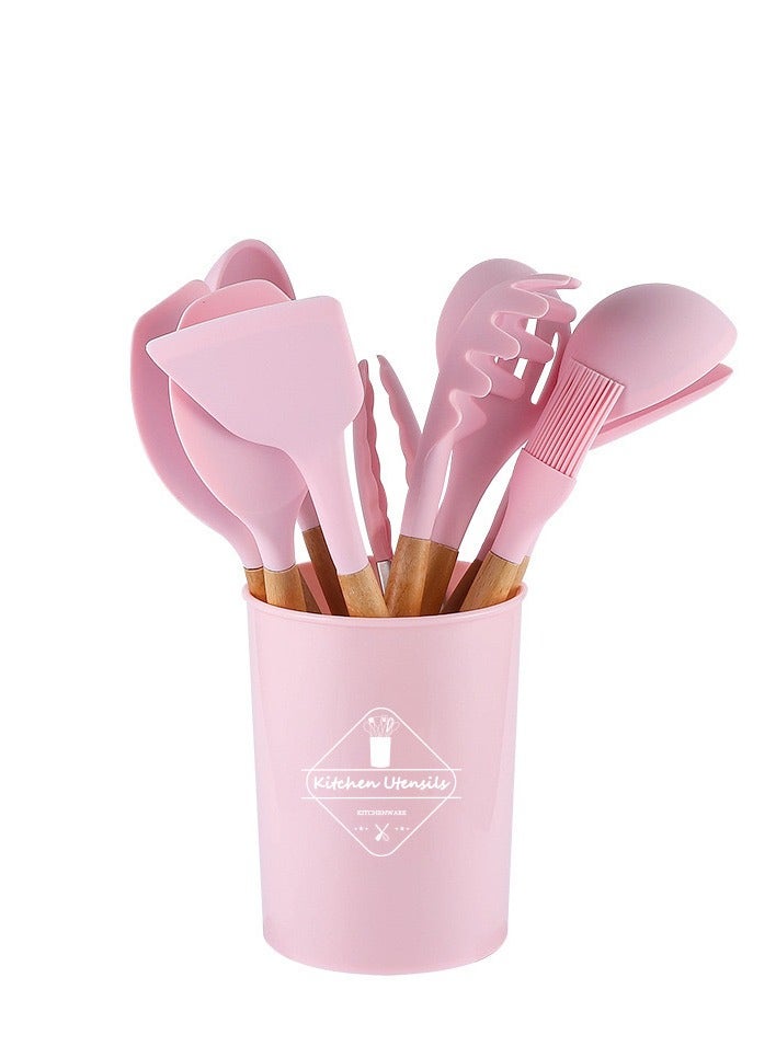 [pink]12-Piece Silicone Kitchen Cooking Utensils Set Cookware Friendly & Heat Resistant, Includes Spatula Tong Whisk Ladle Brush Slotted Turner Spoon Nonstick Kitchen Tools 