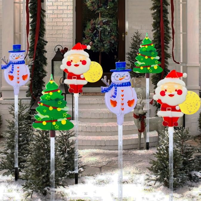 YZYOE 6 Pack LED Outdoor Solar Ground Inserted Christmas Decorative Lights Waterproof Solar Courtyard Christmas Tree Snowman Santa Claus Light with 8 Color Light Modes - Image 1