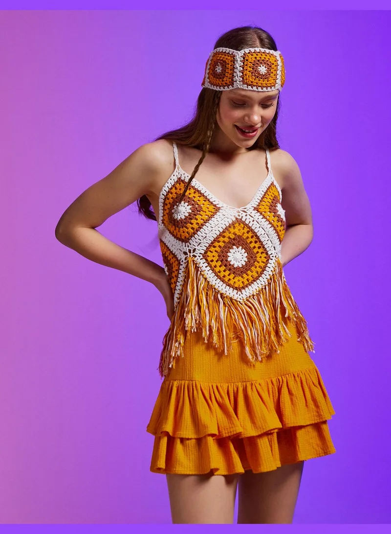 كوتون Tassel V Neck Crochet Crop Tank Top