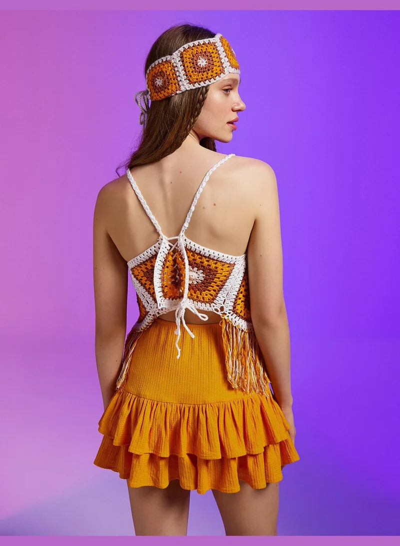 كوتون Tassel V Neck Crochet Crop Tank Top