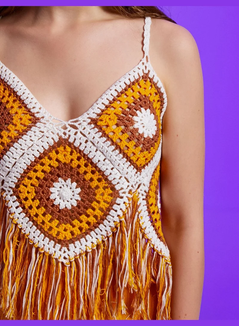 كوتون Tassel V Neck Crochet Crop Tank Top