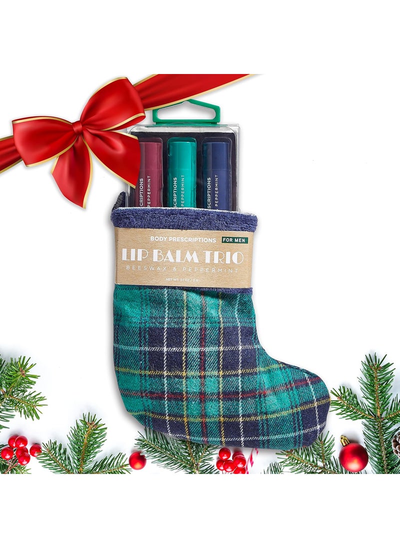Body Prescriptions - Body Prescriptions Lip Balm Trio for Men  Beeswax and Peppermint Christmas Stocking Present Set Nourishing and Moisturizing Formula Great Holiday Present for Him Blue Plaid - Image 1