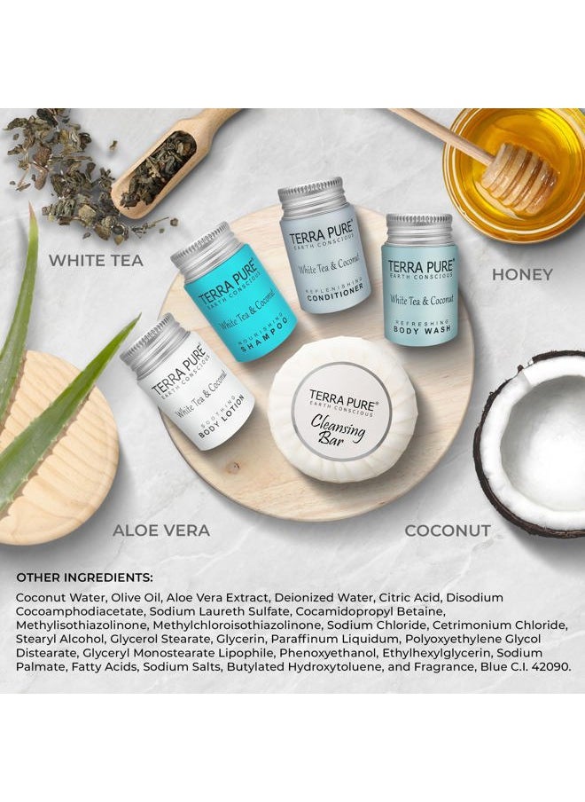 Terra Pure - White Tea & Coconut Toiletries Set | 1-Shoppe Amenities Kit | 1oz Shampoo & Conditioner, Body Wash, Lotion, 1.25oz Bar Soap | Travel Size | 150 Pieces - Image 1