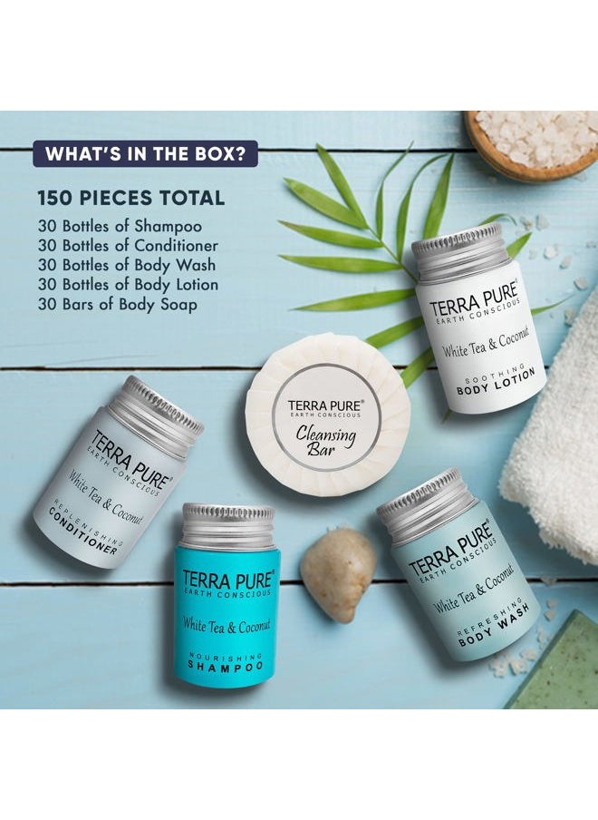 Terra Pure - White Tea & Coconut Toiletries Set | 1-Shoppe Amenities Kit | 1oz Shampoo & Conditioner, Body Wash, Lotion, 1.25oz Bar Soap | Travel Size | 150 Pieces - Image 1