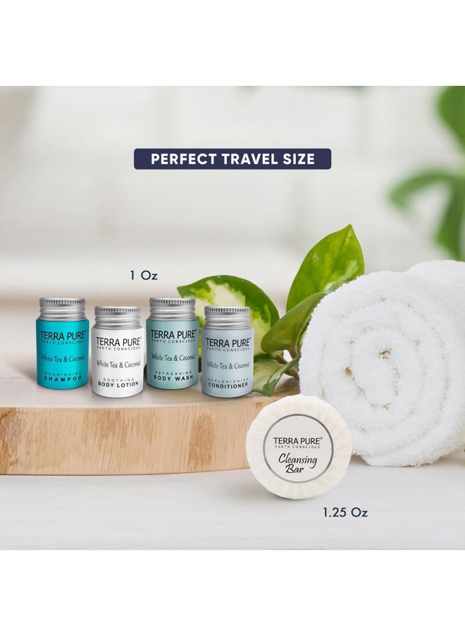 Terra Pure - White Tea & Coconut Toiletries Set | 1-Shoppe Amenities Kit | 1oz Shampoo & Conditioner, Body Wash, Lotion, 1.25oz Bar Soap | Travel Size | 150 Pieces - Image 1