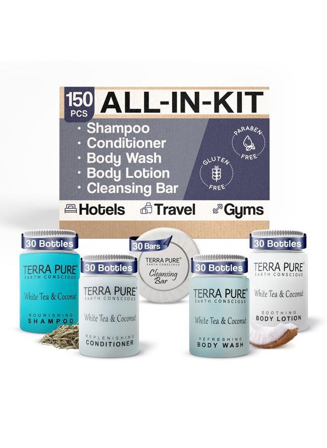 Terra Pure - White Tea & Coconut Toiletries Set | 1-Shoppe Amenities Kit | 1oz Shampoo & Conditioner, Body Wash, Lotion, 1.25oz Bar Soap | Travel Size | 150 Pieces - Image 1