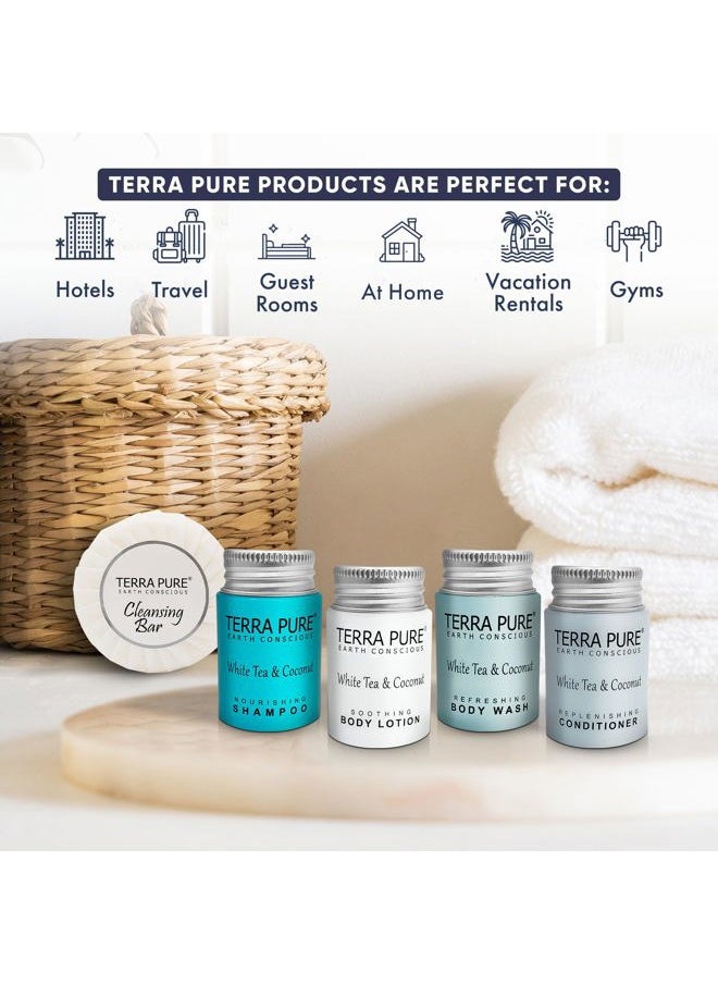 Terra Pure - White Tea & Coconut Toiletries Set | 1-Shoppe Amenities Kit | 1oz Shampoo & Conditioner, Body Wash, Lotion, 1.25oz Bar Soap | Travel Size | 150 Pieces - Image 1