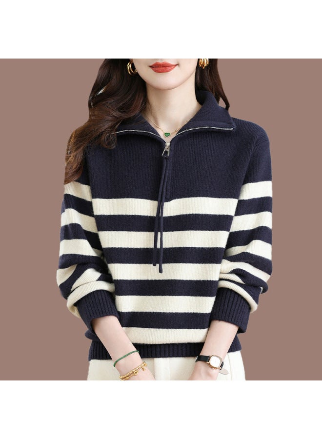 Leyuan Autumn And Winter Half-zip Striped Lazy Knit Sweater Women's Loose High-neck Pullover Sweater Coat - Image 1
