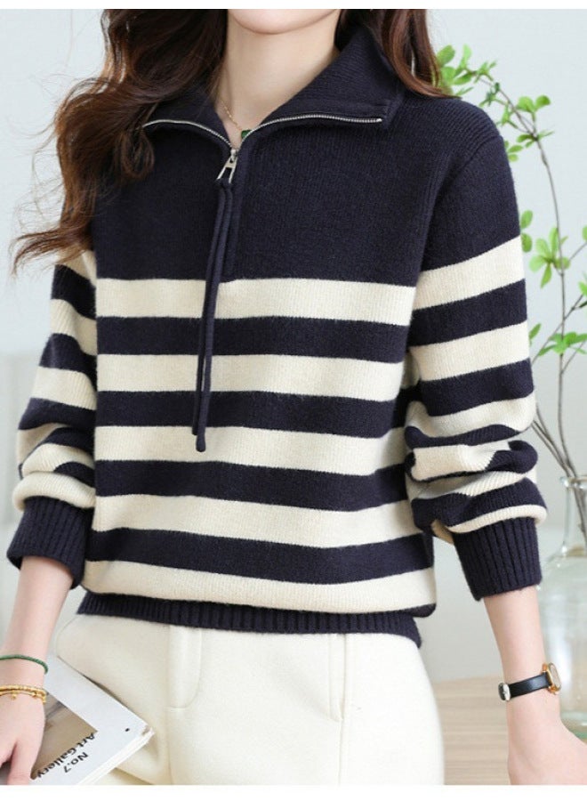 Leyuan Autumn And Winter Half-zip Striped Lazy Knit Sweater Women's Loose High-neck Pullover Sweater Coat - Image 3