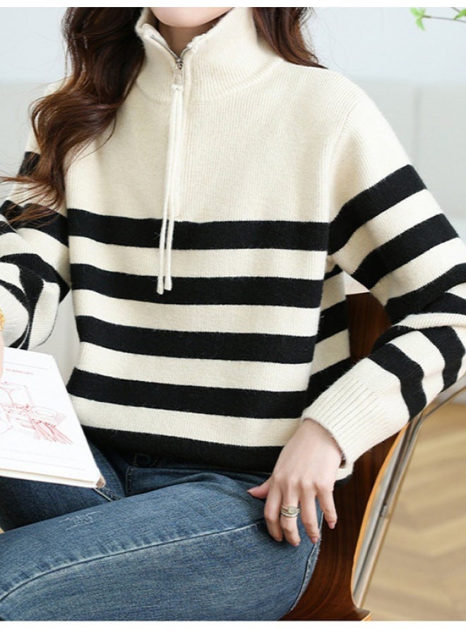 Leyuan Autumn And Winter Half-zip Striped Lazy Knit Sweater Women's Loose High-neck Pullover Sweater Coat - Image 4