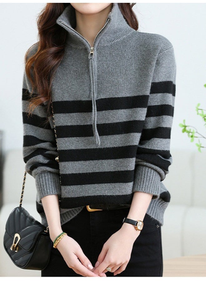 Leyuan Autumn And Winter Half-zip Striped Lazy Knit Sweater Women's Loose High-neck Pullover Sweater Coat - Image 2