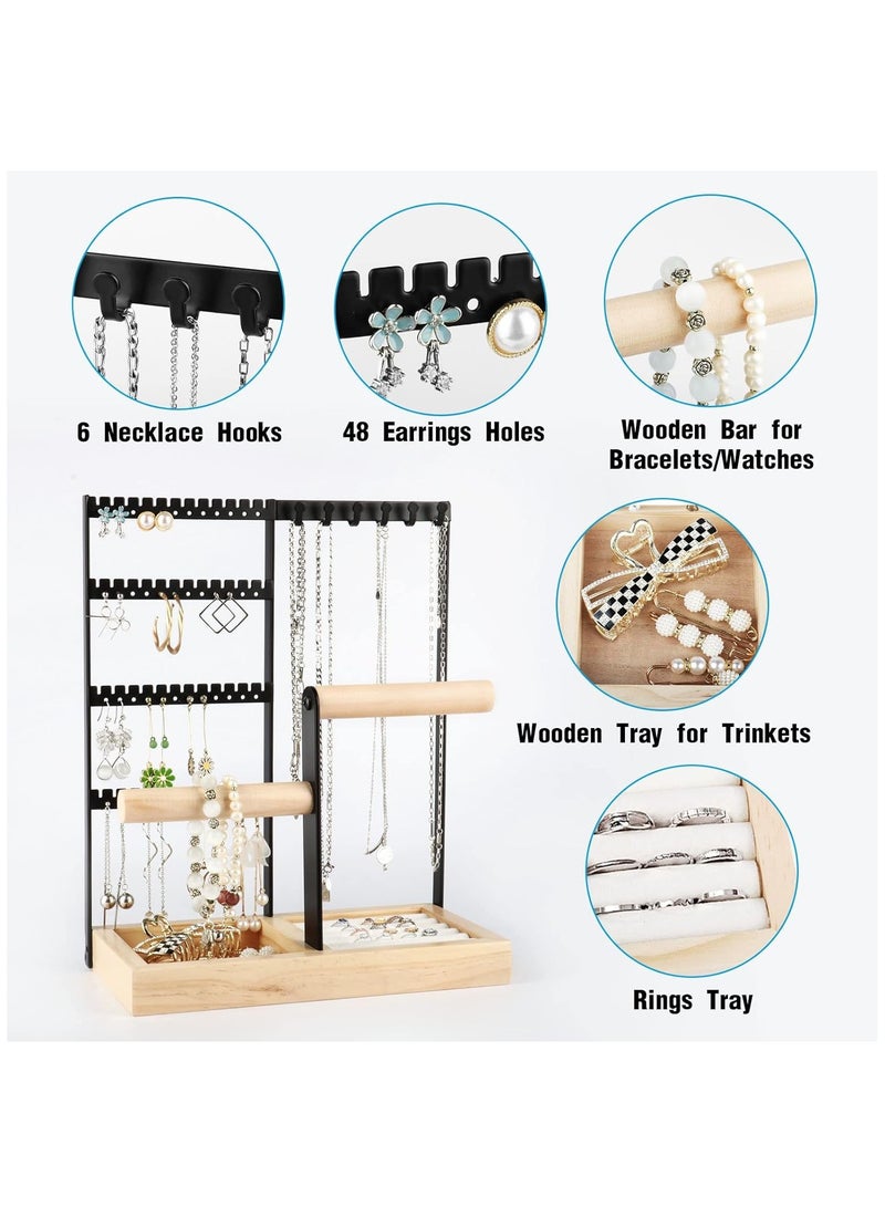Arabest Jewelry Organizer Stand, 5 Tier Necklace Holder Stand with Wooden Tray, Jewelry Holder Stand for Rings Earrings Necklaces Bracelets Black  - Image 2