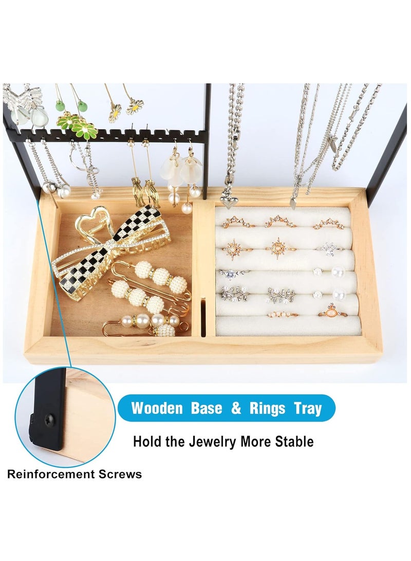 Arabest Jewelry Organizer Stand, 5 Tier Necklace Holder Stand with Wooden Tray, Jewelry Holder Stand for Rings Earrings Necklaces Bracelets Black  - Image 4