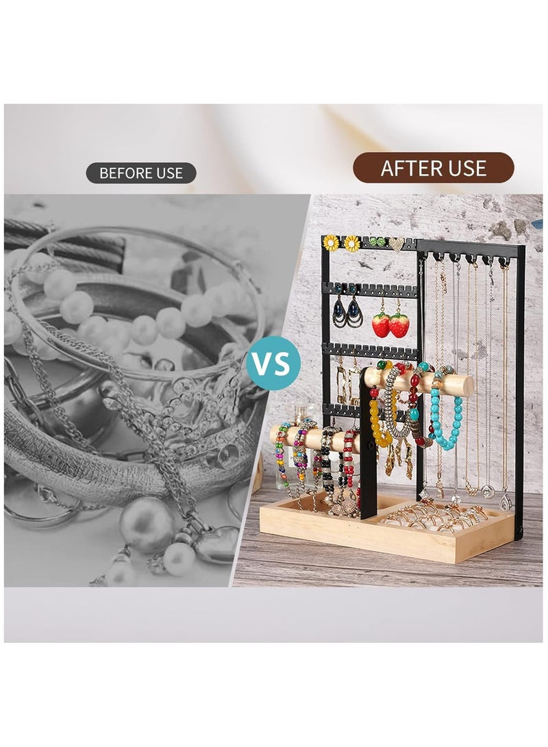 Arabest Jewelry Organizer Stand, 5 Tier Necklace Holder Stand with Wooden Tray, Jewelry Holder Stand for Rings Earrings Necklaces Bracelets Black  - Image 5
