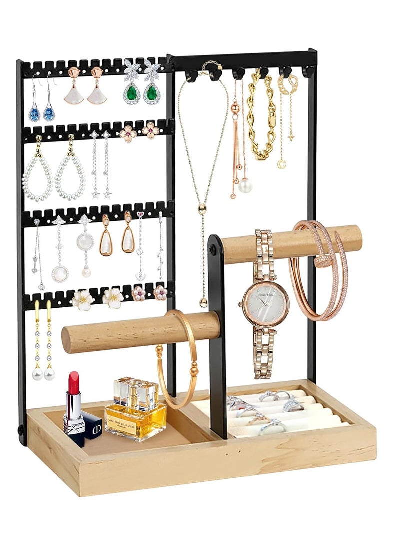 Arabest Jewelry Organizer Stand, 5 Tier Necklace Holder Stand with Wooden Tray, Jewelry Holder Stand for Rings Earrings Necklaces Bracelets Black  - Image 1