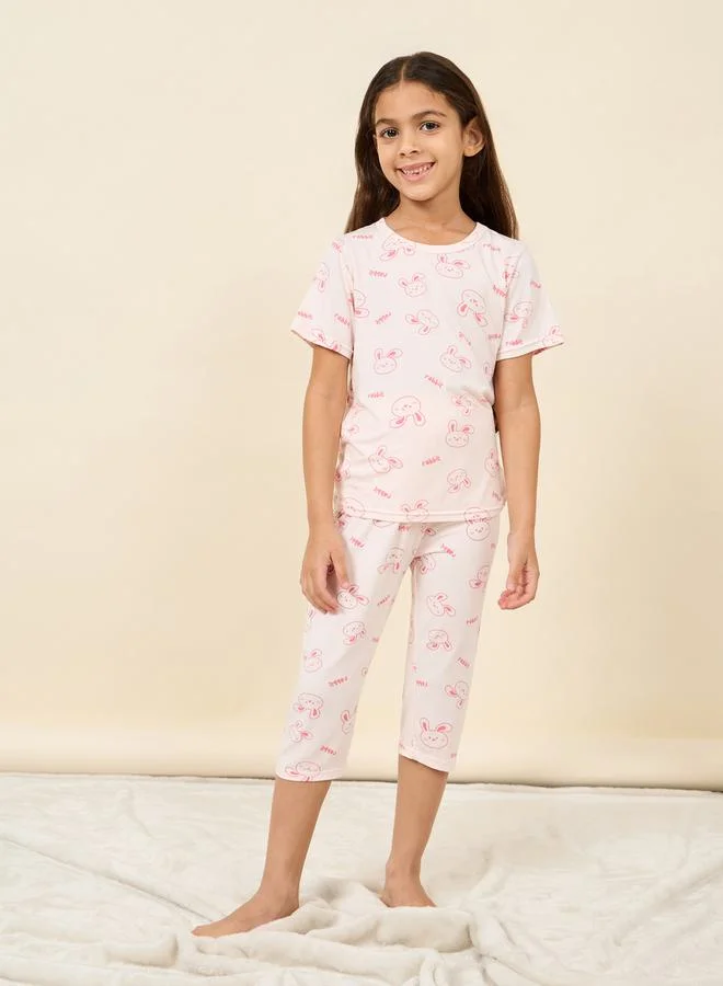 Styli Cartoon AOP T-shirt and 3/4 Length Pyjama Set