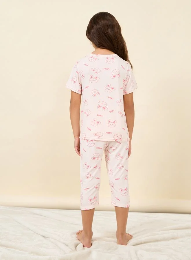 Styli Cartoon AOP T-shirt and 3/4 Length Pyjama Set