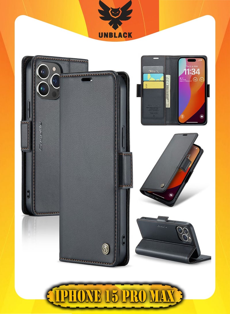 CaseMe Flip Wallet Case For Apple iPhone 15 Pro Max, [RFID Blocking] PU Leather Wallet Flip Folio Case with Card Holder Kickstand Shockproof Phone Cover (Black) - Image 1