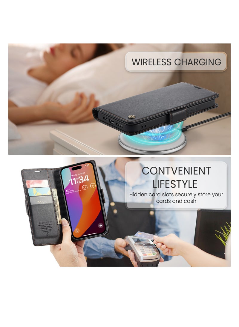 CaseMe Flip Wallet Case For Apple iPhone 15 Pro Max, [RFID Blocking] PU Leather Wallet Flip Folio Case with Card Holder Kickstand Shockproof Phone Cover (Black) - Image 5