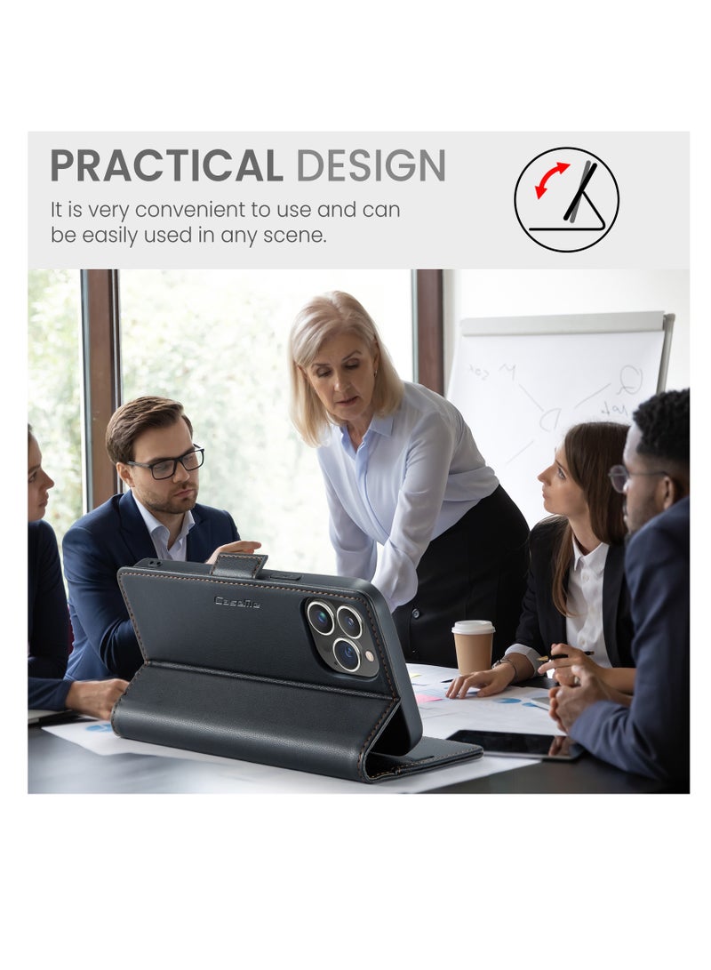 CaseMe Flip Wallet Case For Apple iPhone 15 Pro Max, [RFID Blocking] PU Leather Wallet Flip Folio Case with Card Holder Kickstand Shockproof Phone Cover (Black) - Image 4