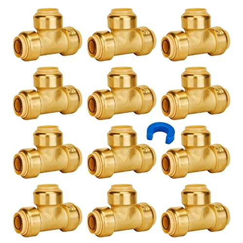 SUNGATOR 12-Pack Tee Plumbing Pipe Connector, 3/4-Inch Push Fit PEX Tee, No Lead Brass T Fittings with Disconnect Clip, Push-to-Connect, Copper, CPVC - Image 1