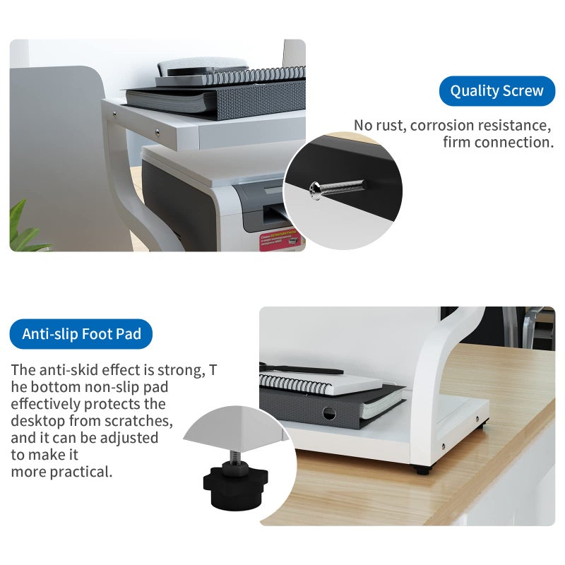 PUNCIA 2 Tiers Wood White Home Office Desktop Printer Stand Laser Printer Copier Stand with Storage Tabletop Heavy Duty Rack Desk Organizer Shelf Dual for Small Space Double Tiers Tray - Image 5