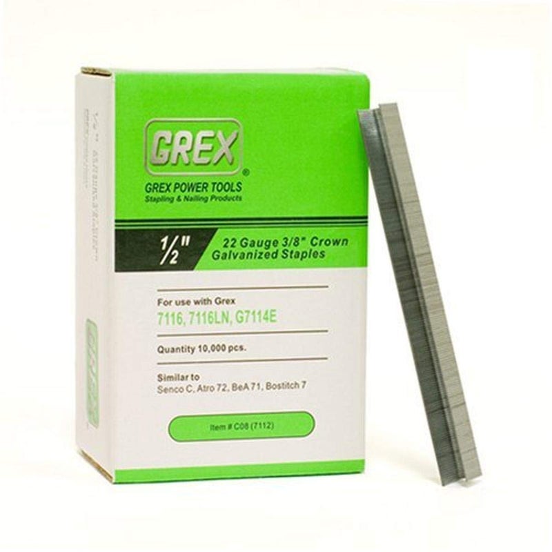 GREX C08 22 Gauge 38Inch Crown 12Inch Length Galvanized Staples 10000 per box