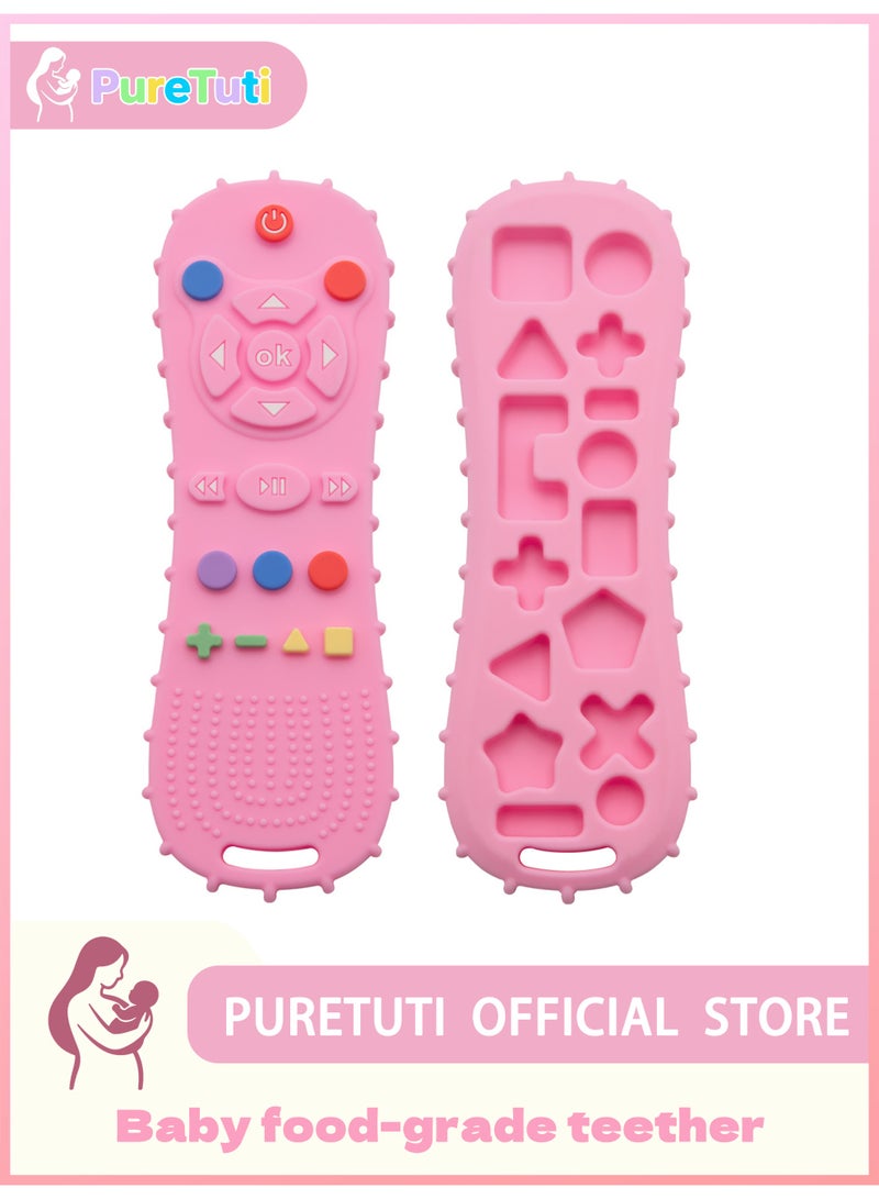 PureTuti Infant Teether 3-6 Months Soft Chew Toy Pink Food Grade Silicone TV Remote Shape Early Educational Sensory Toy Teething Relief Soothe Gum Everyday Use - Image 1