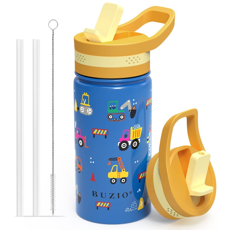 BUZIO 14 oz Kids Water Bottle with Straw Lid, Vacuum Insulated Stainless Steel Metal Thermo Bottles for Toddlers Girls Boys Leak Proof BPA-Free & Lead-Free Flask for School, Blue Construction Car - Image 1