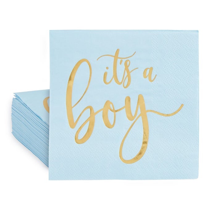 50 PACK ITS A BOY BABY SHOWER COCKTAIL NAPKINS PARTY SUPPLIES 5X5 INCH BLUE WITH GOLD FOIL TABLE NAPKIN FESTIVE GENDER REVEAL DECORATIONS FOR SPECIAL OCCASIONS