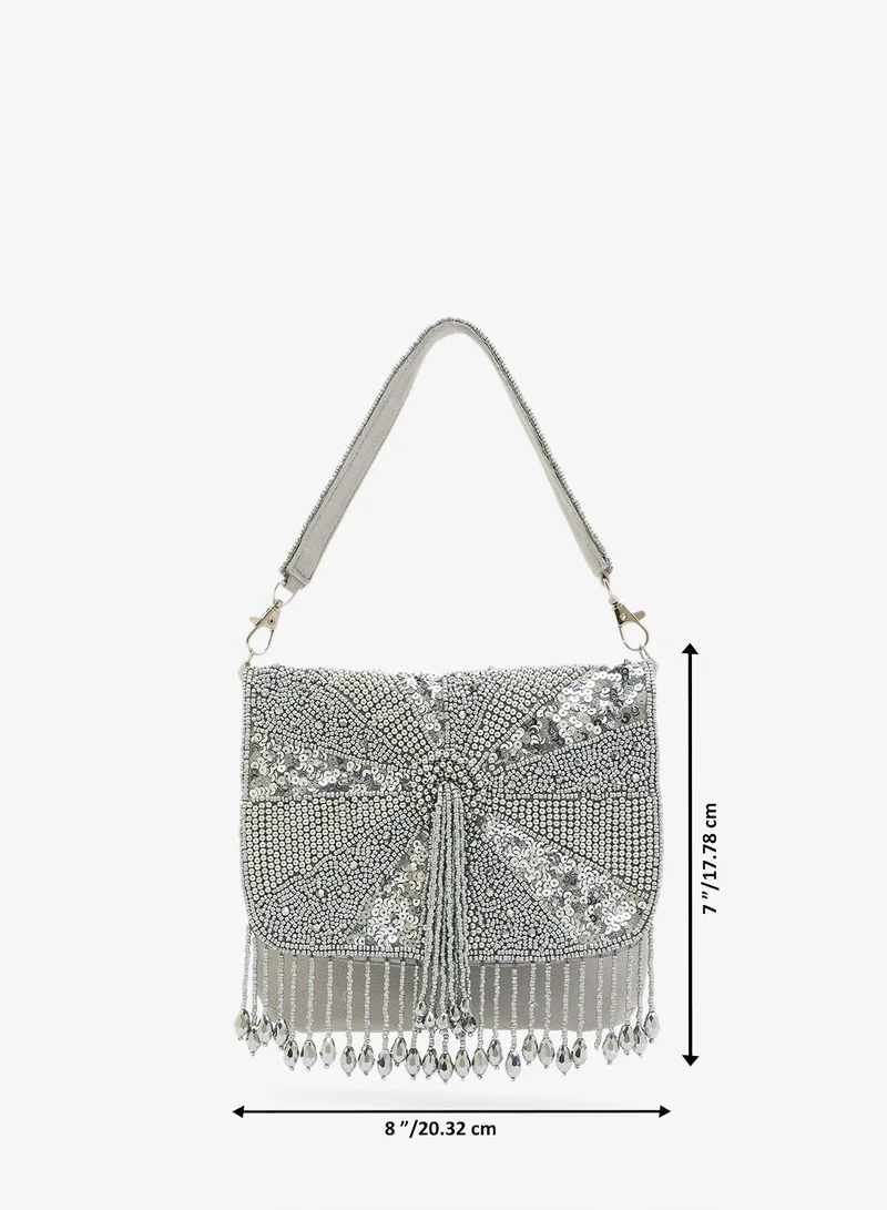 Khizana Silver Embroidered Beaded Rhinestone Clutch for Women | Best Price UAE