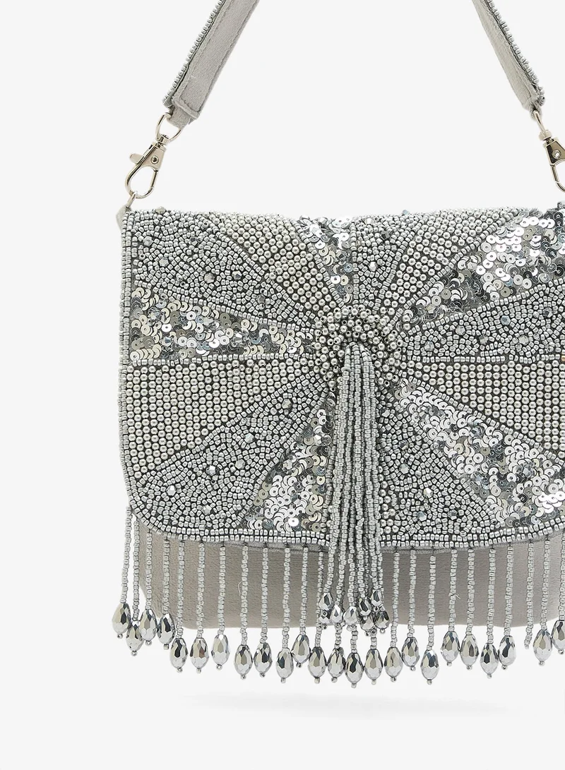 Khizana Silver Embroidered Beaded Rhinestone Clutch for Women | Best Price UAE