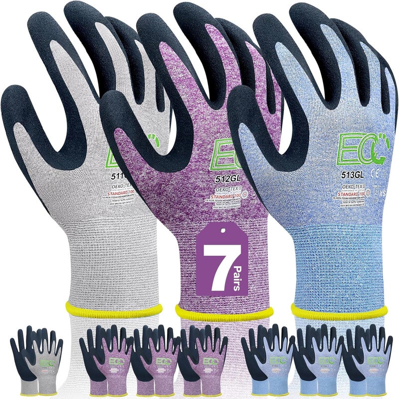 KANGLONGDA 7 Pairs Women Gardening Gloves, EN388 2131X Outdoor Protective Work Gloves with Breathable Micro-Foam Coating for Gardening, General Purpose, Courtyard, 3 Purple + 3Blue +1 Grey, X-Small - Image 1
