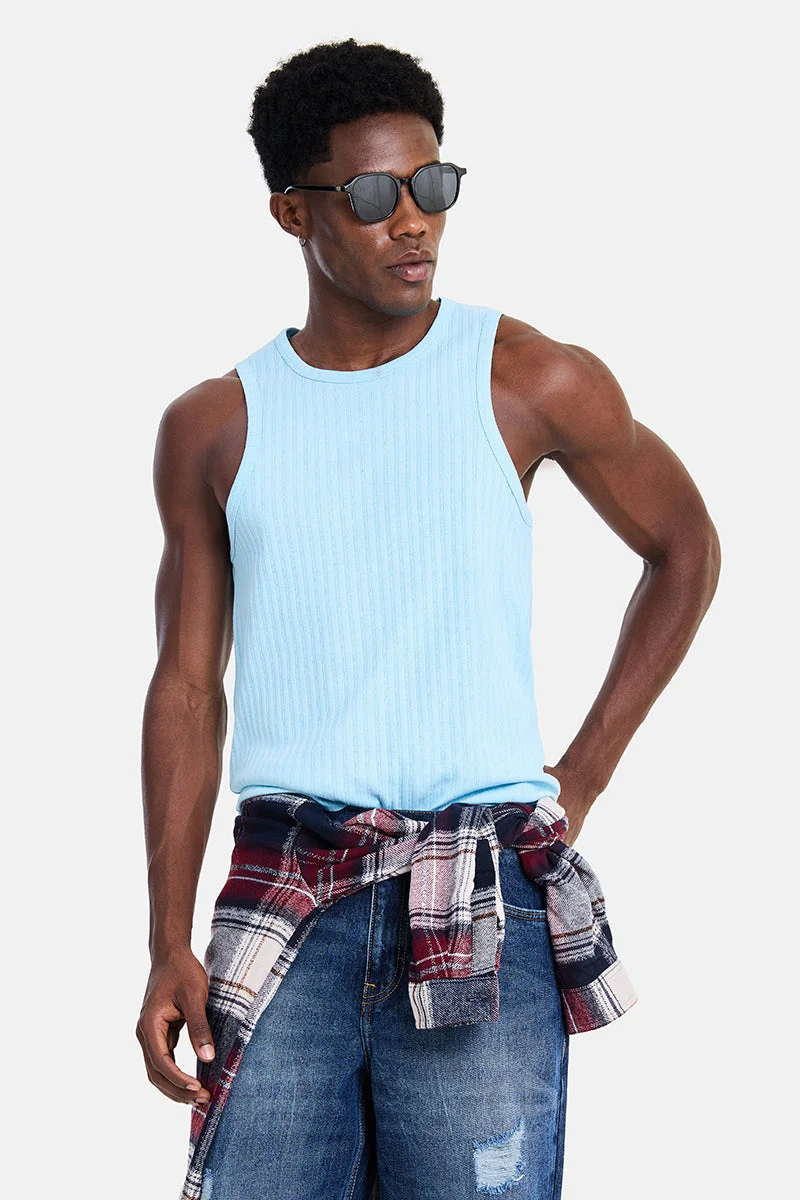 سنيتش Sky Blue Ribbed Sleeveless Slim Fit Casual T-Shirt
