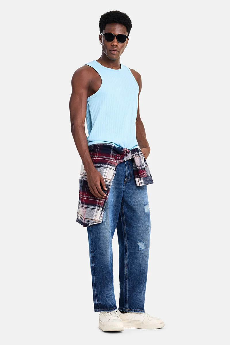 سنيتش Sky Blue Ribbed Sleeveless Slim Fit Casual T-Shirt