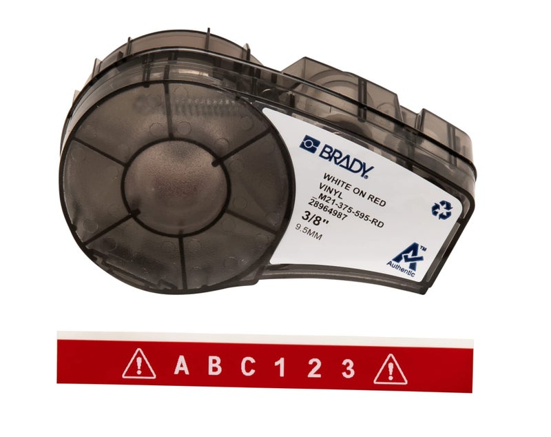 Brady Authentic (M21-375-595-RD) All-Weather Vinyl Label for Indoor/Outdoor ID, Lab and Equipment Labeling, White on Red- For M210, M210-LAB, M211, BMP21-PLUS and BMP21-LAB Printers, .375" W, 21' L - Image 1
