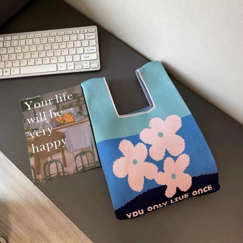 Knitted Bag Women'S Handbag Tote Bag Portable Korean Style Shoulder Bag Gift Bag Flower Woven Bucket Bag Lightweight - Image 3