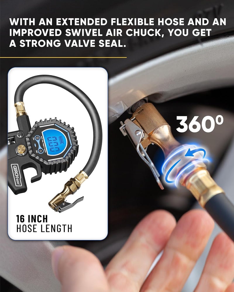 مقياس ضغط الإطارات الرقمي مع منفاخ (3-200 PSI)، وصلة هواء ثقيلة وملحقات ضاغط مع وصلة هواء دوارة، خرطوم أطول، شاشة كبيرة (دقة 0.1) - Image 3