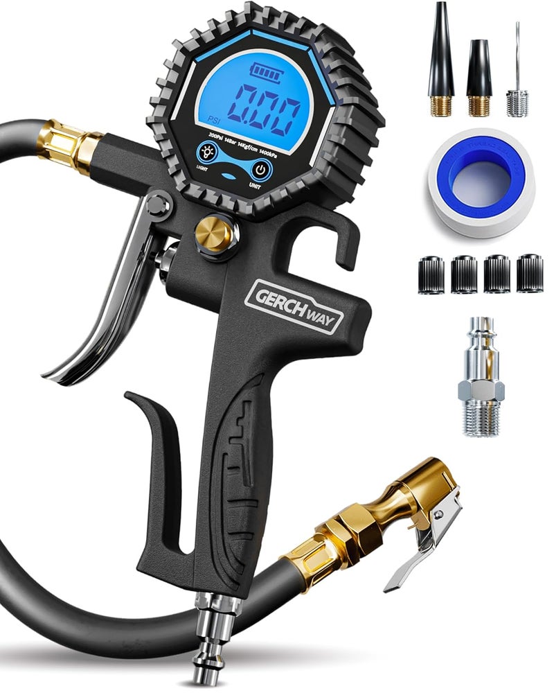 مقياس ضغط الإطارات الرقمي مع منفاخ (3-200 PSI)، وصلة هواء ثقيلة وملحقات ضاغط مع وصلة هواء دوارة، خرطوم أطول، شاشة كبيرة (دقة 0.1) - Image 1