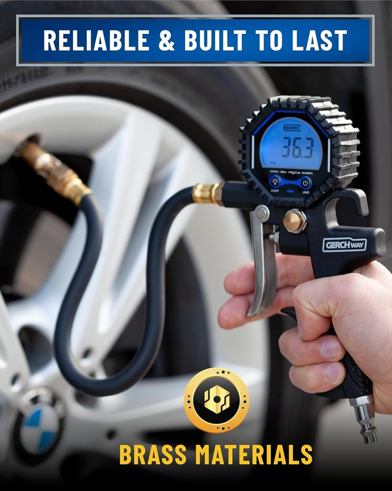 مقياس ضغط الإطارات الرقمي مع منفاخ (3-200 PSI)، وصلة هواء ثقيلة وملحقات ضاغط مع وصلة هواء دوارة، خرطوم أطول، شاشة كبيرة (دقة 0.1) - Image 5